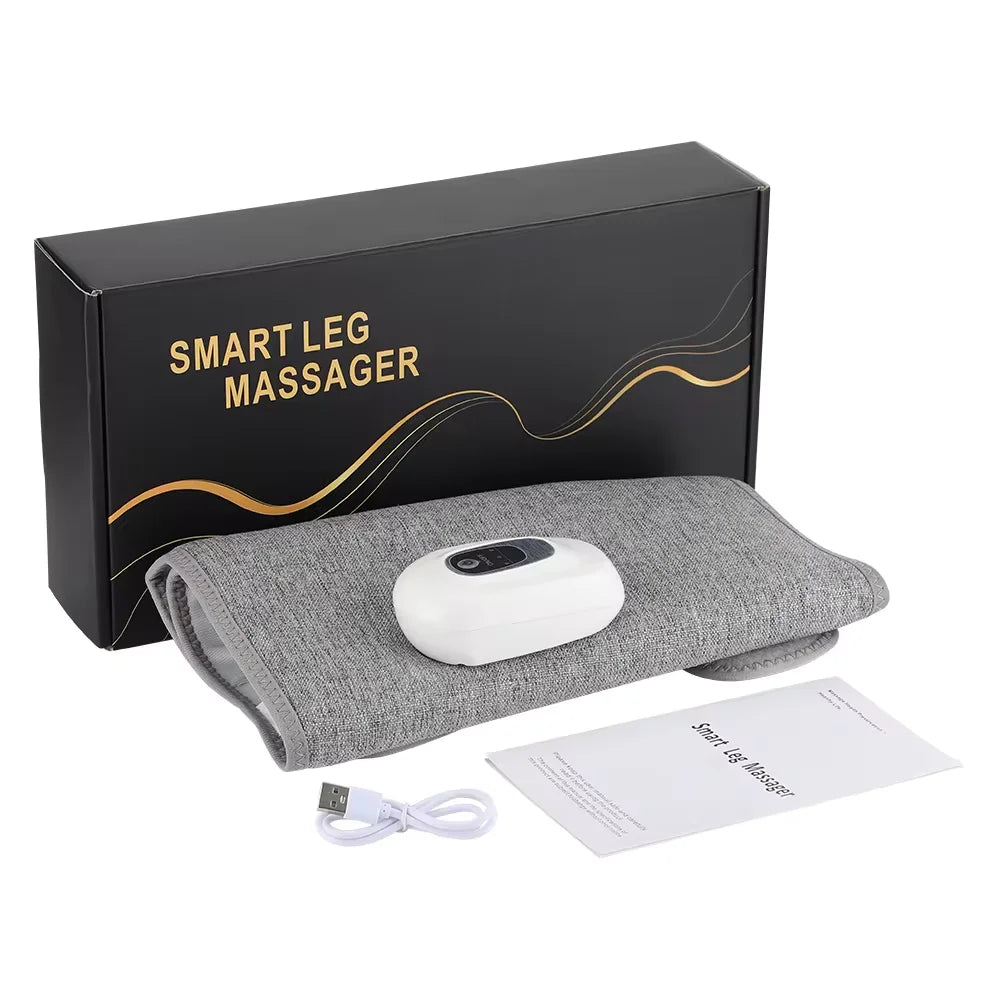 Smart leg massager with packaging, USB cable, and user manual on a white background