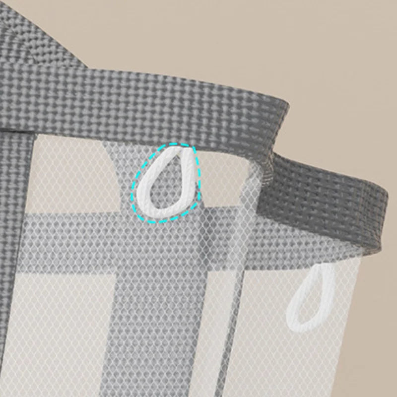 Beige mesh laundry basket with handles for clothes storage