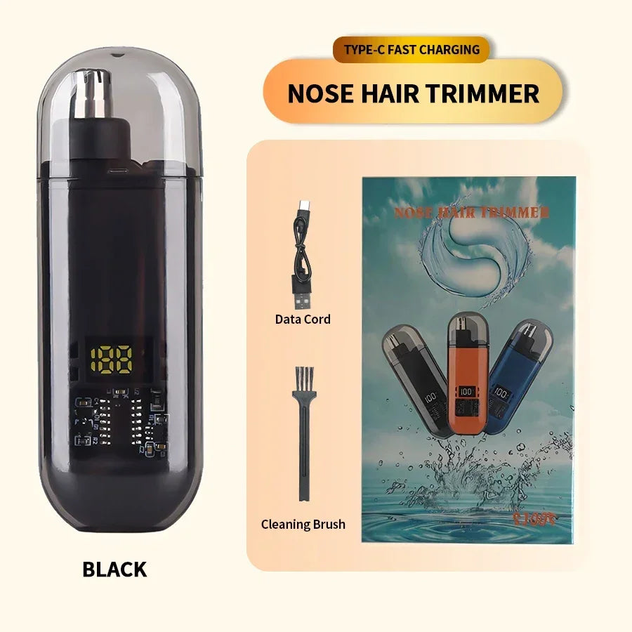 Black nose hair trimmer with charging cable and cleaning brush on a beige background