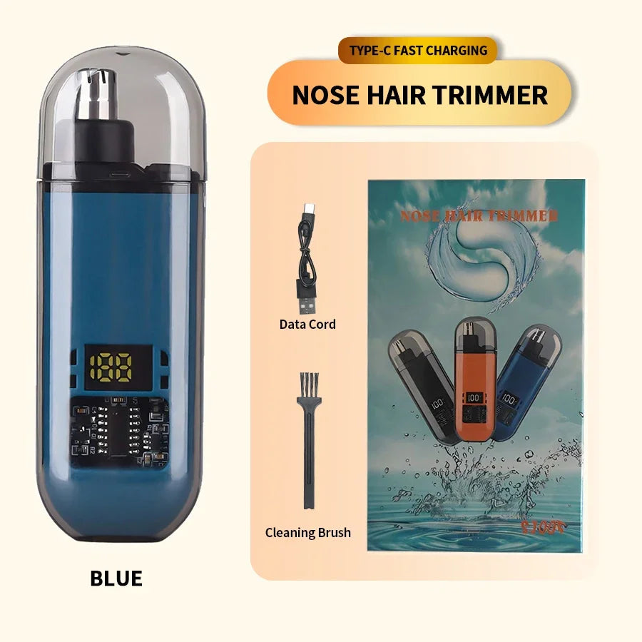 Blue nose hair trimmer with charging cable, cleaning brush, and packaging on a beige background