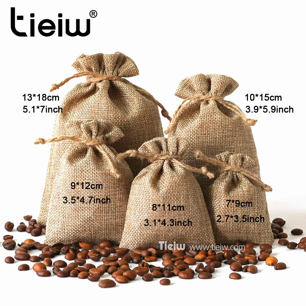 Burlap favor bag with custom initials M+H and rustic style.