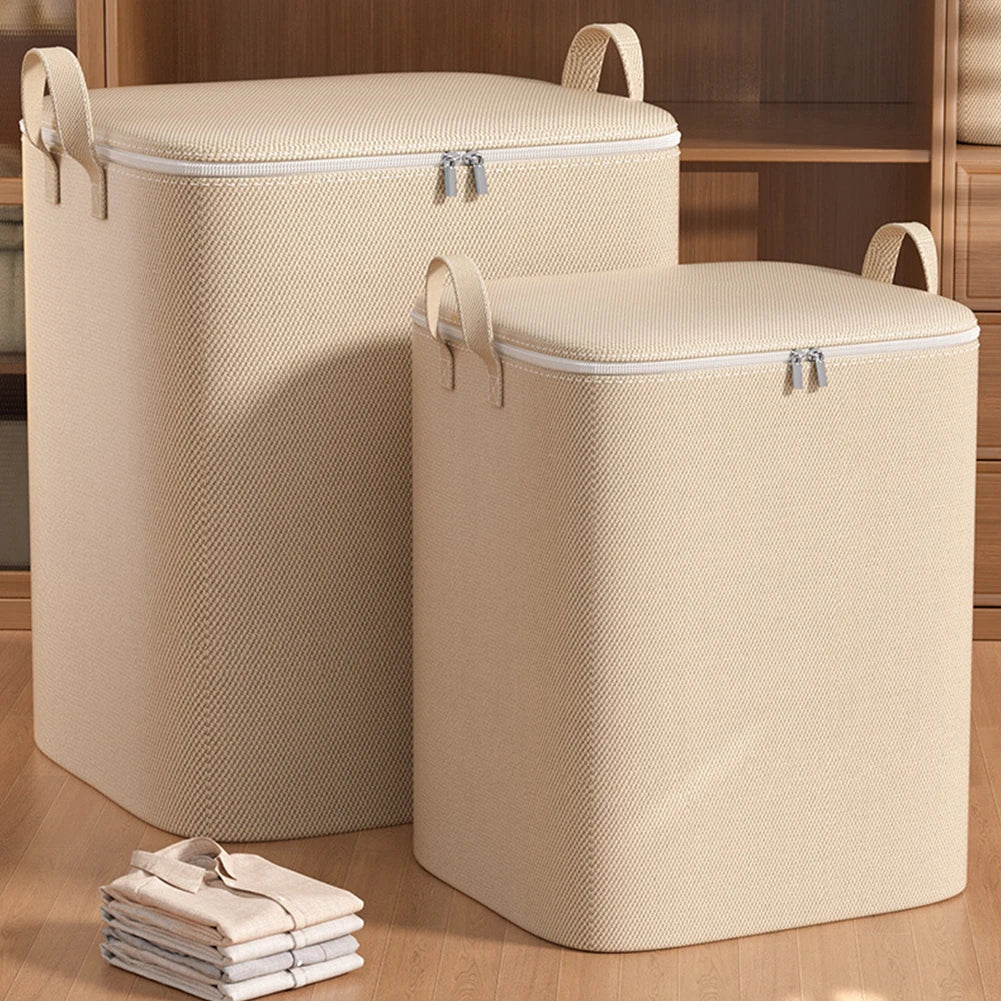 Eco-friendly storage bin with zipper closure and reinforced handles