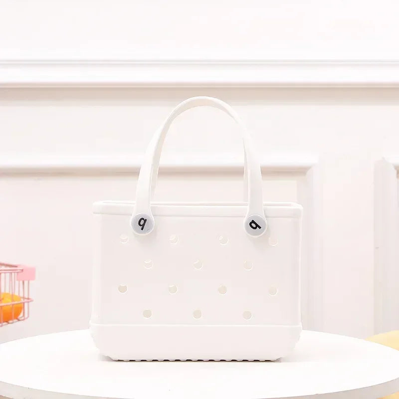 White tote bag with a handle on a white background