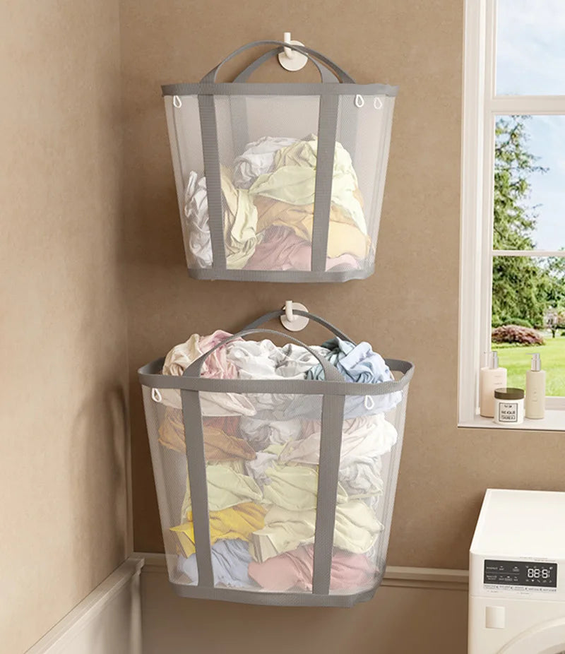 Foldable mesh laundry basket for easy laundry storage