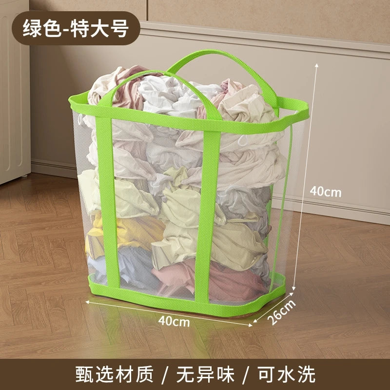 Green mesh laundry basket for laundry and clothes storage