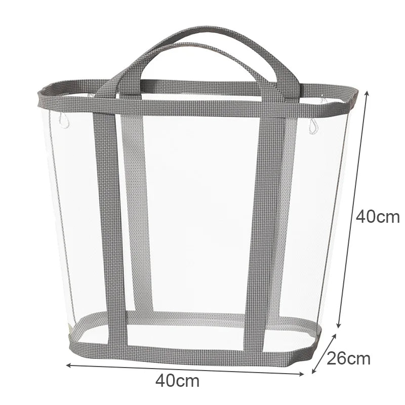 Gray mesh laundry basket with dimensions on a white background