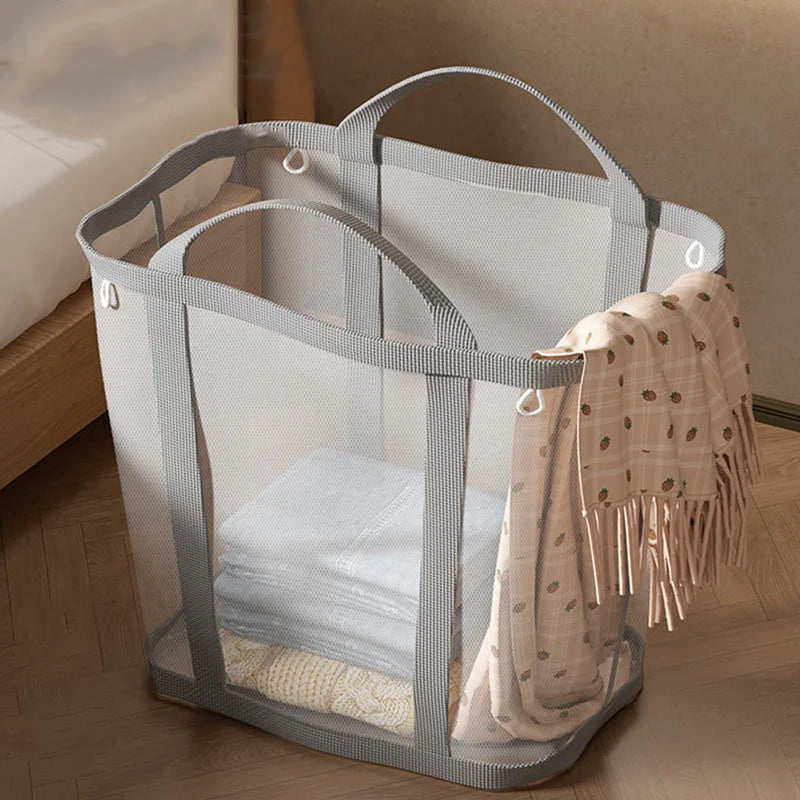 Grey mesh laundry basket for clothes organization at home