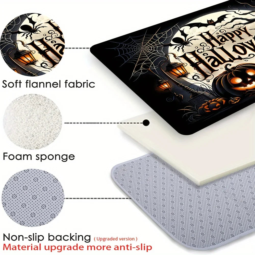 Halloween pumpkin door mat with soft flannel fabric and non slip backing