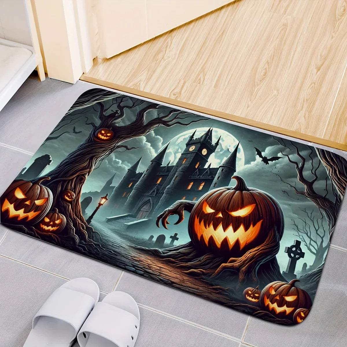 Halloween-themed doormat with pumpkins and a castle on a tiled floor.