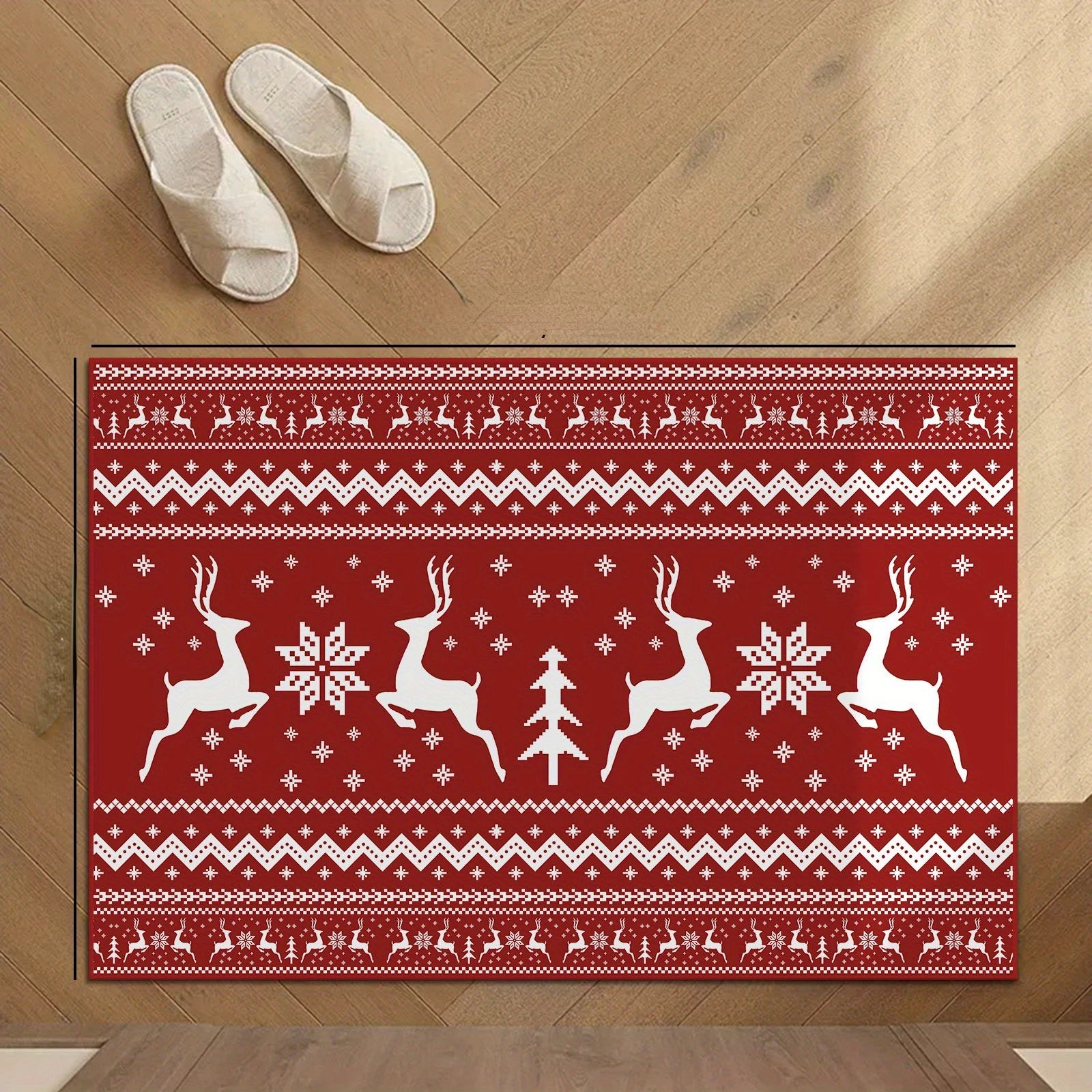 Holiday-themed red rug with reindeer and snowflake pattern near balcony decorated with gifts.