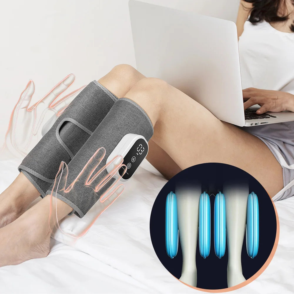 Person using a leg massager with a close-up of the device's components on a white background.