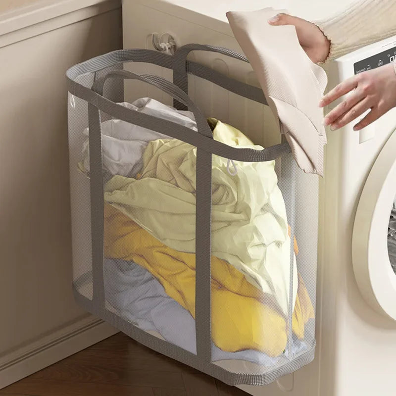 Close-up of mesh laundry basket with strong handle design