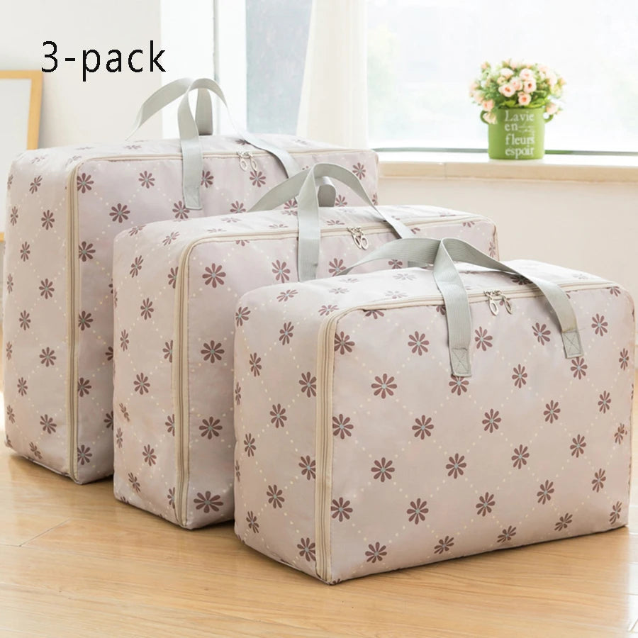 Oxford waterproof storage bags 3-pack beige floral design for clothing, quilts, and household storage