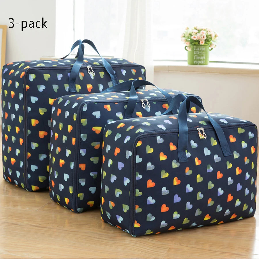 Oxford waterproof storage bags 3-pack navy with colorful heart pattern, large capacity organizer