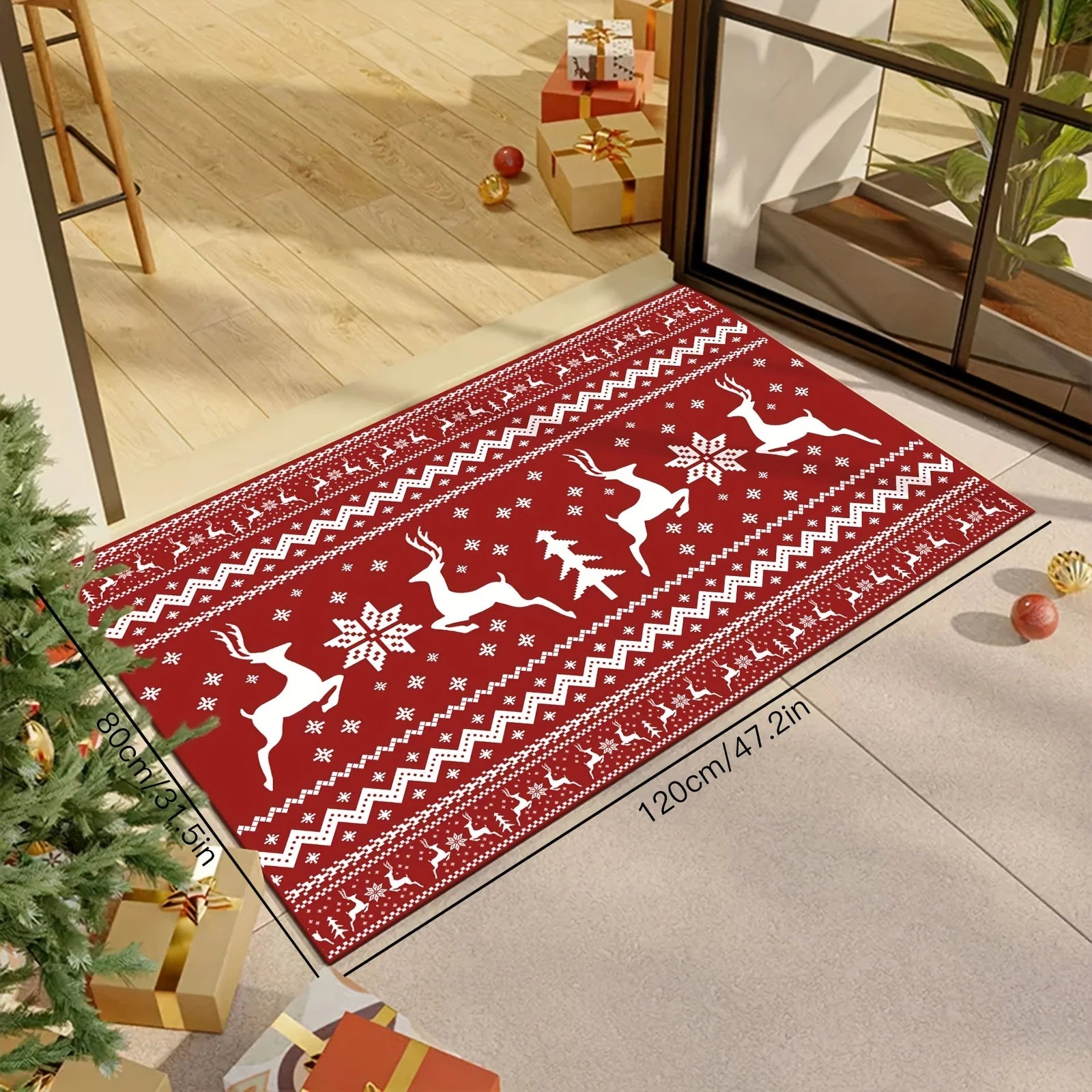 Red Christmas rug with reindeer and festive snowflake patterns enhancing cozy holiday home decor.