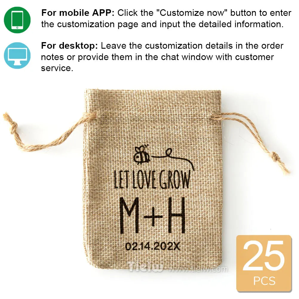 Rustic burlap pouch with M+H initials, eco-friendly wedding favor.