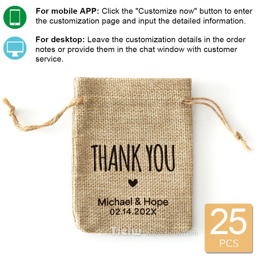 Burlap wedding favor bag with “Thank You” print, rustic design.