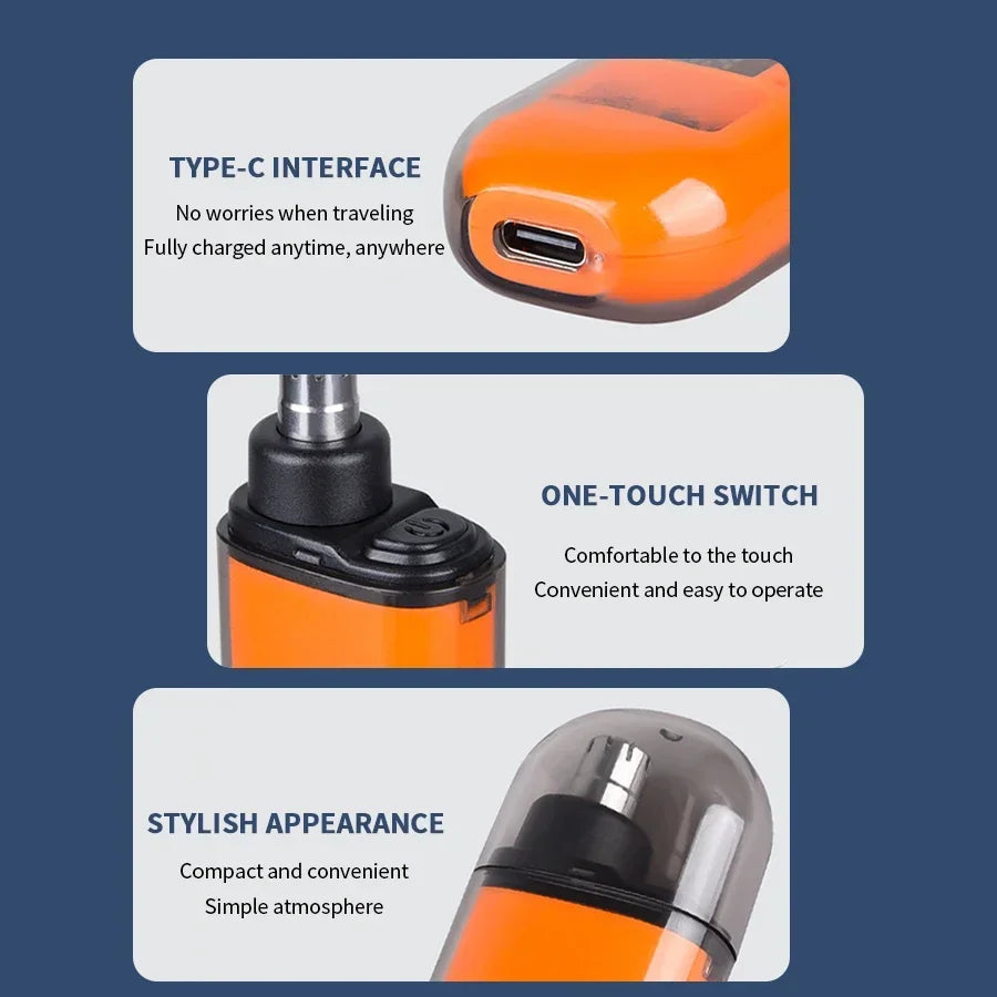 Nose hair trimmer with Type-C charging port and one-touch switch