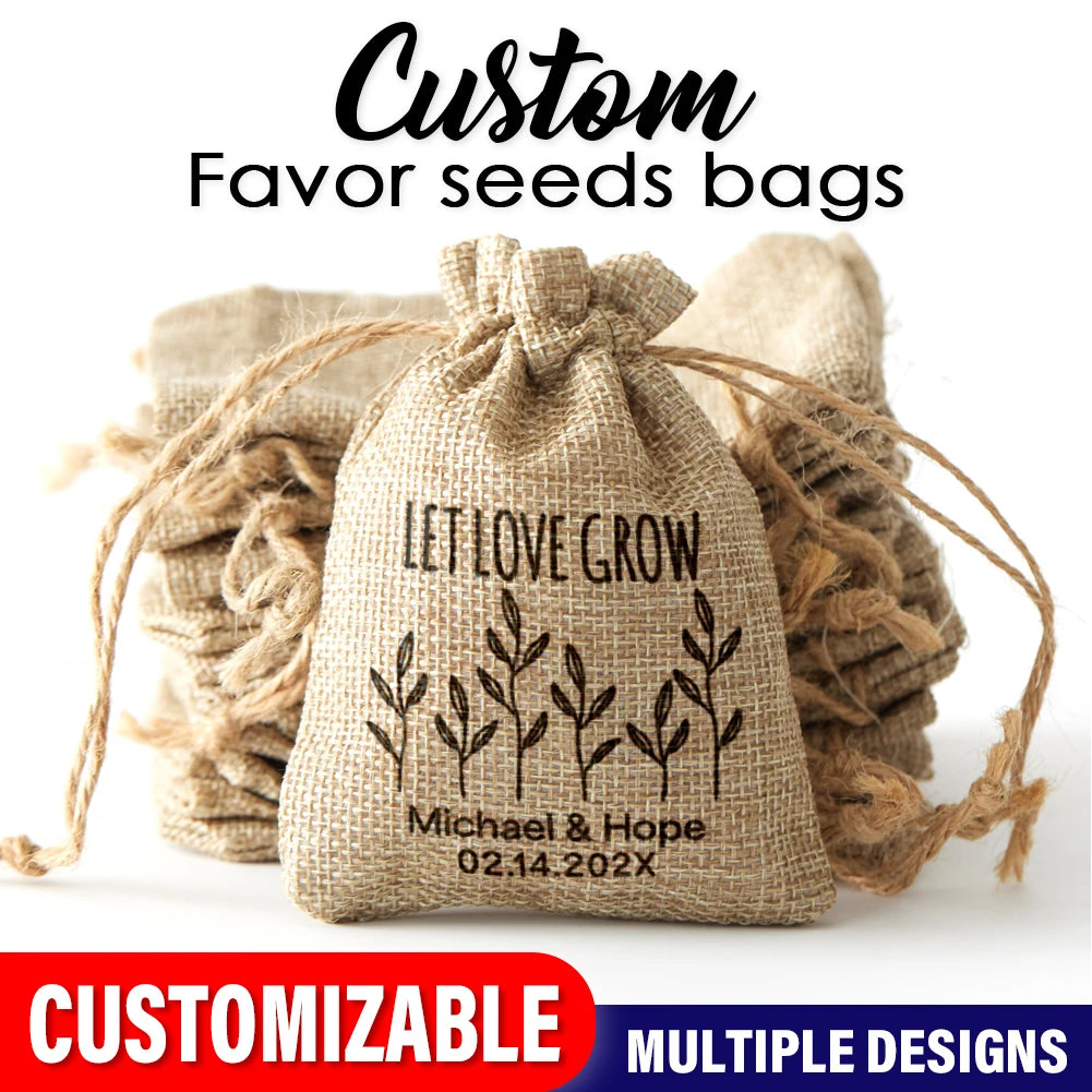 Personalized burlap wedding favor bags with “Let Love Grow” design, rustic eco-friendly seed pouches for events.