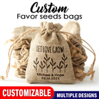 Personalized burlap wedding favor bags with “Let Love Grow” design, rustic eco-friendly seed pouches for events.