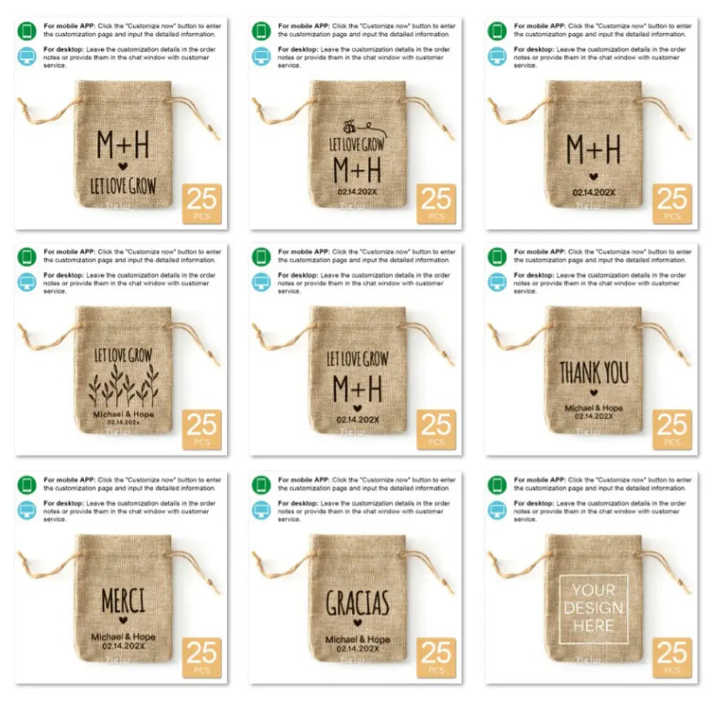 Customizable burlap favor bags with multiple design options for weddings and parties.