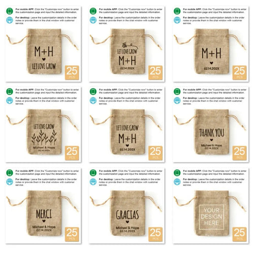 Customizable burlap favor bags with multiple design options for weddings and parties.