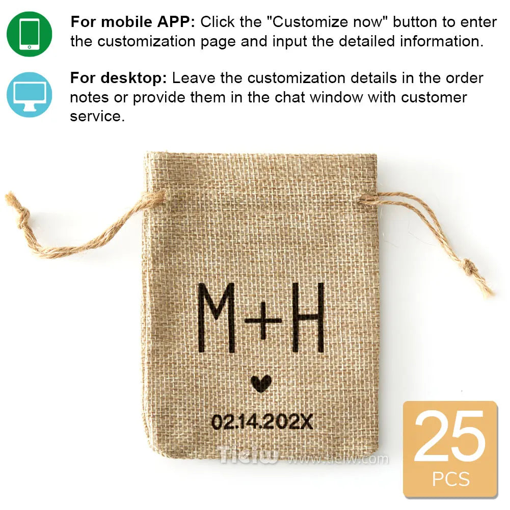 Burlap wedding favor bag with initials M+H and custom date.