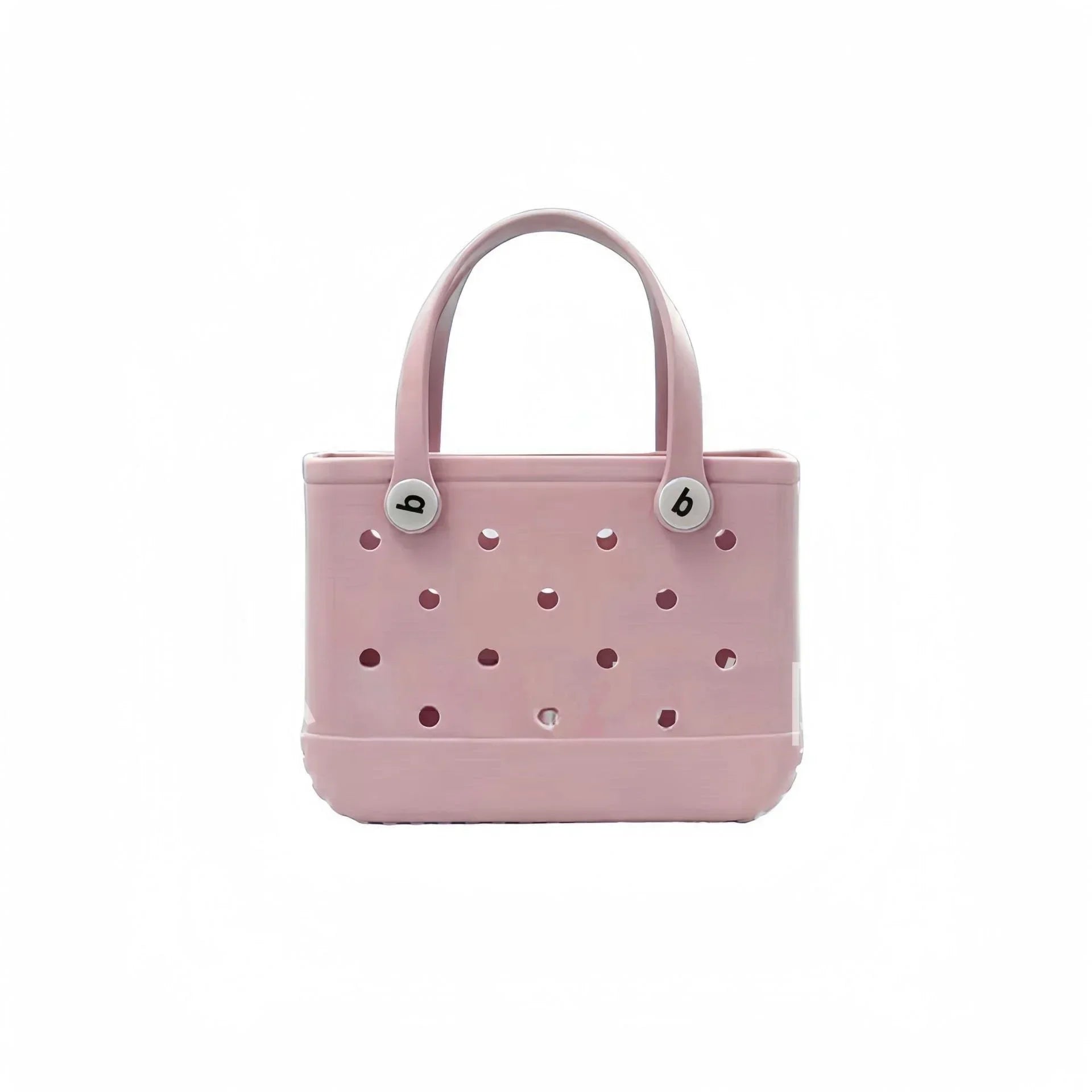 Pink handbag with perforated design and brand logo on a white background
