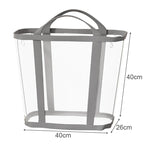 Gray mesh laundry basket with dimensions on a white background