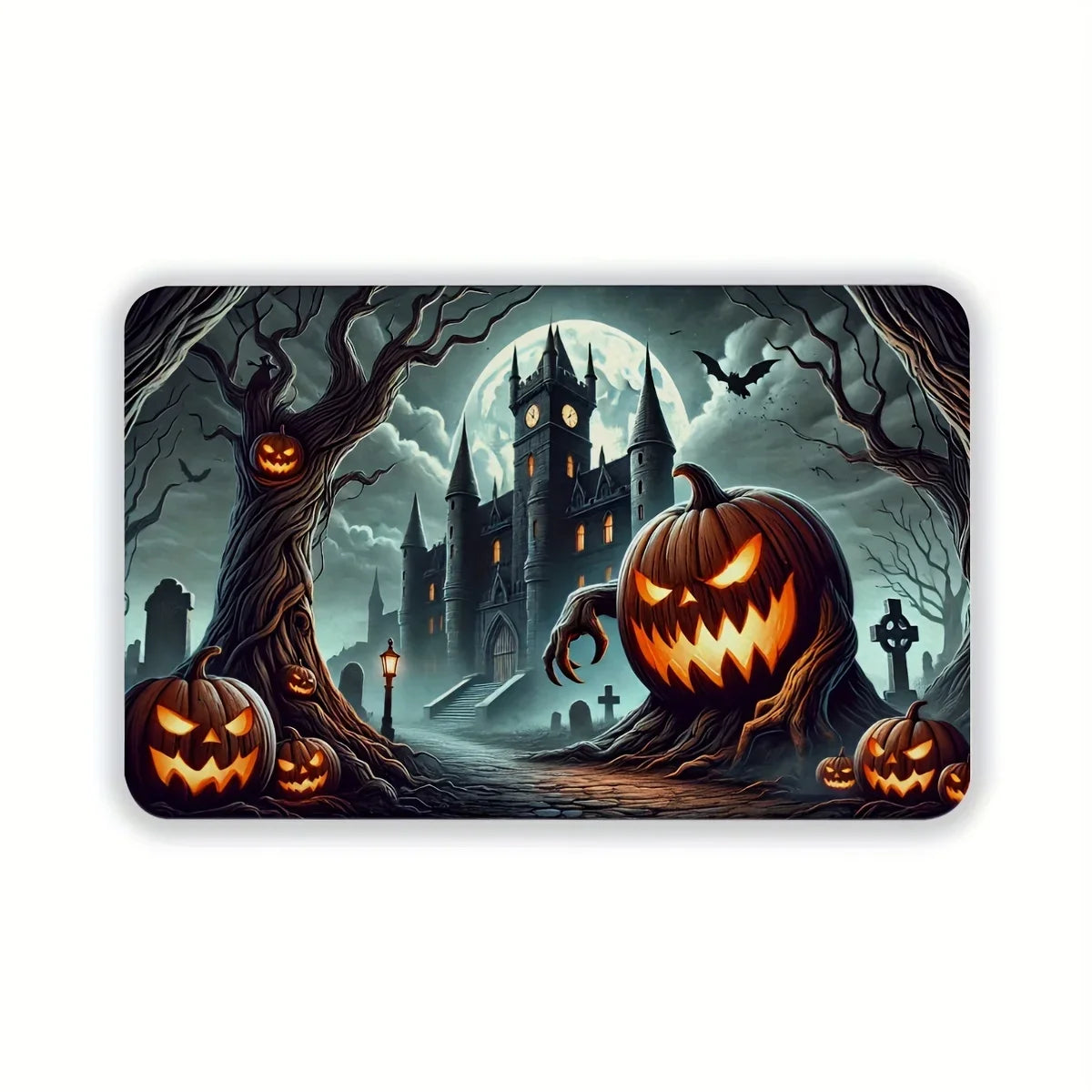 Halloween-themed design with pumpkins, a castle, and a moonlit sky on a white background.