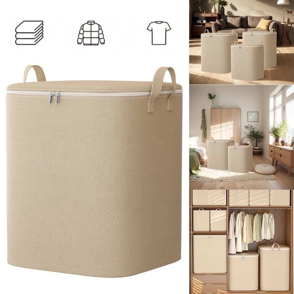 Beige laundry basket with icons of folded clothes, a jacket, and a t-shirt on a white background.