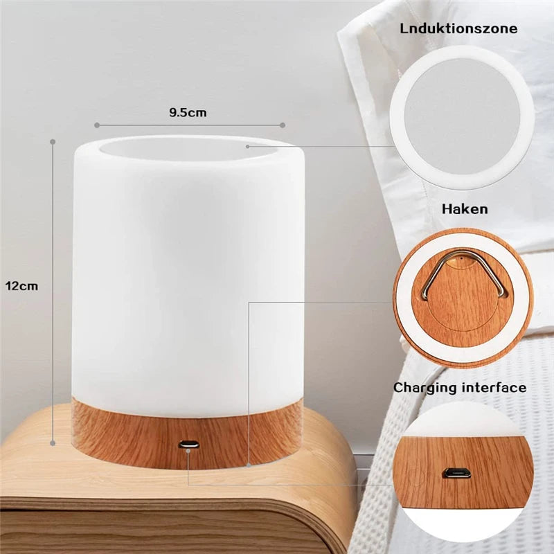 Modern LED touch lamp with wooden base and round design.