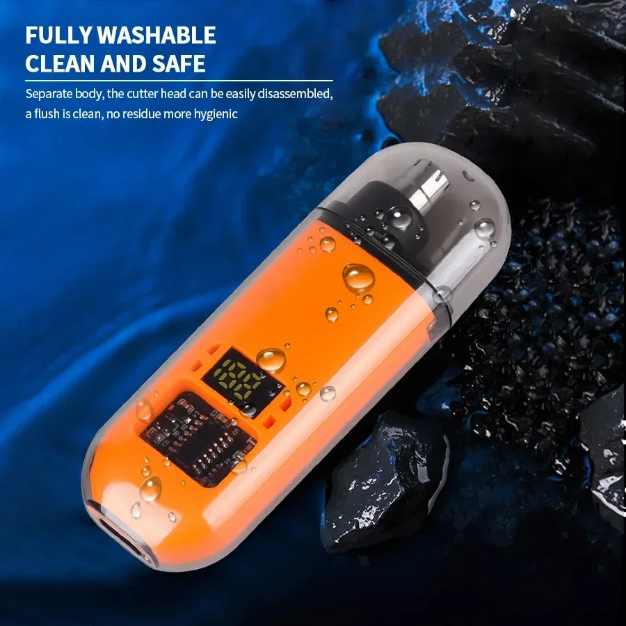 Painless portable nose and ear trimmer with precision cutting head
