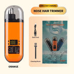 Orange nose hair trimmer with charging cable and cleaning brush on a beige background