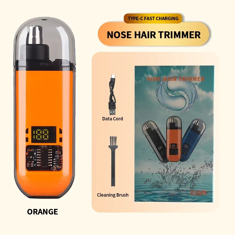 Orange nose hair trimmer with charging cable and cleaning brush on a beige background