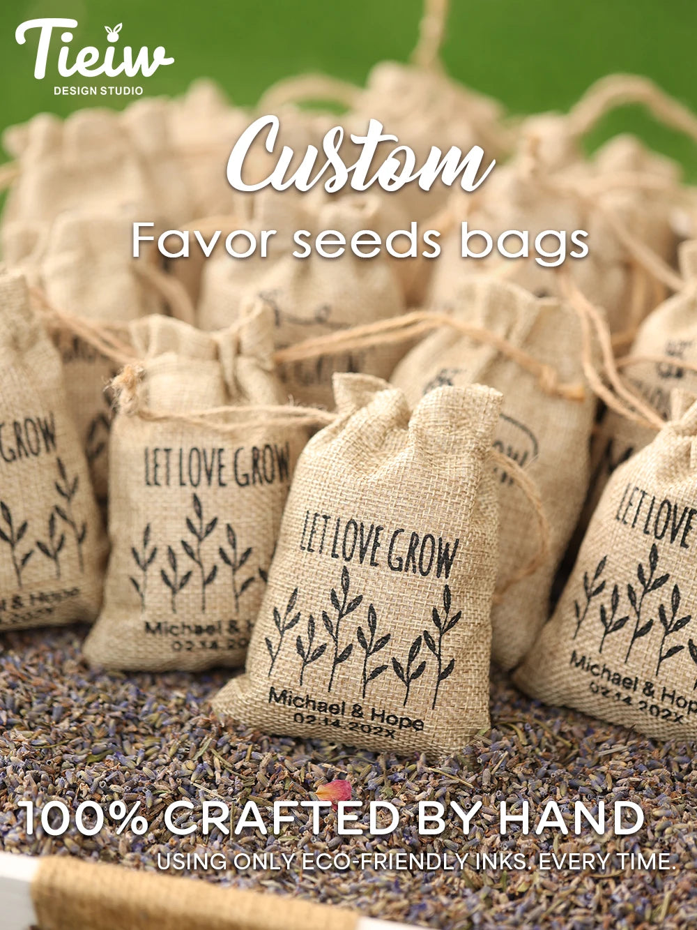 Personalized burlap favor bags with plant design and “Let Love Grow” text.