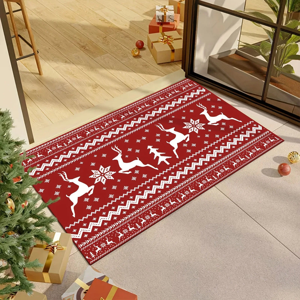 Red Christmas rug with reindeer and snowflake pattern placed in living room near Christmas tree and gifts.