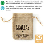 Rustic burlap wedding favor bag with “Gracias” text and custom names.