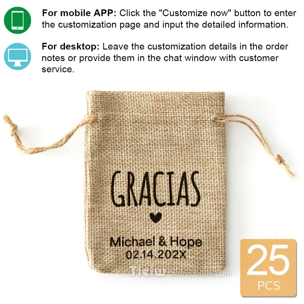 Rustic burlap wedding favor bag with “Gracias” text and custom names.