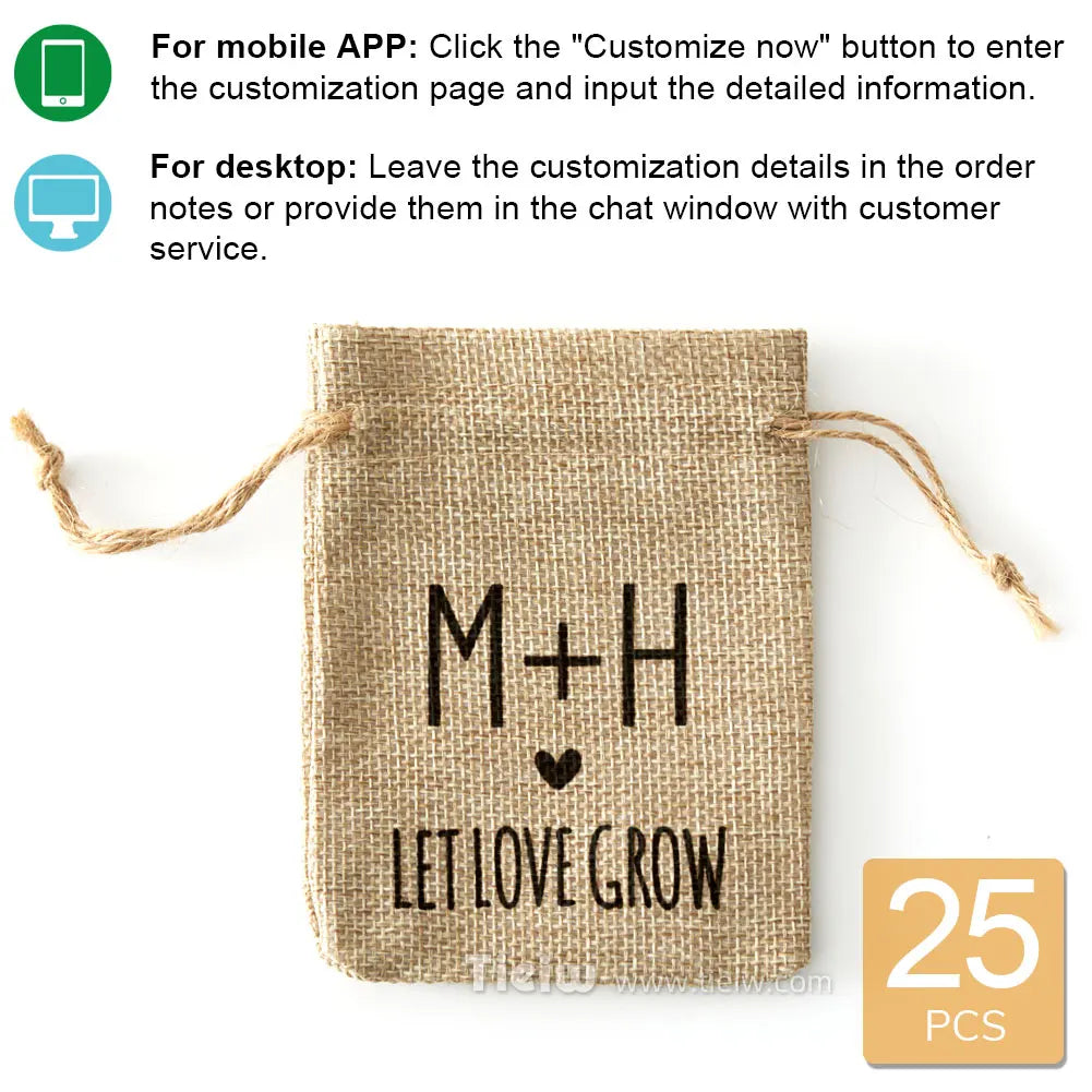 Customizable burlap bag with “Let Love Grow” text and initials