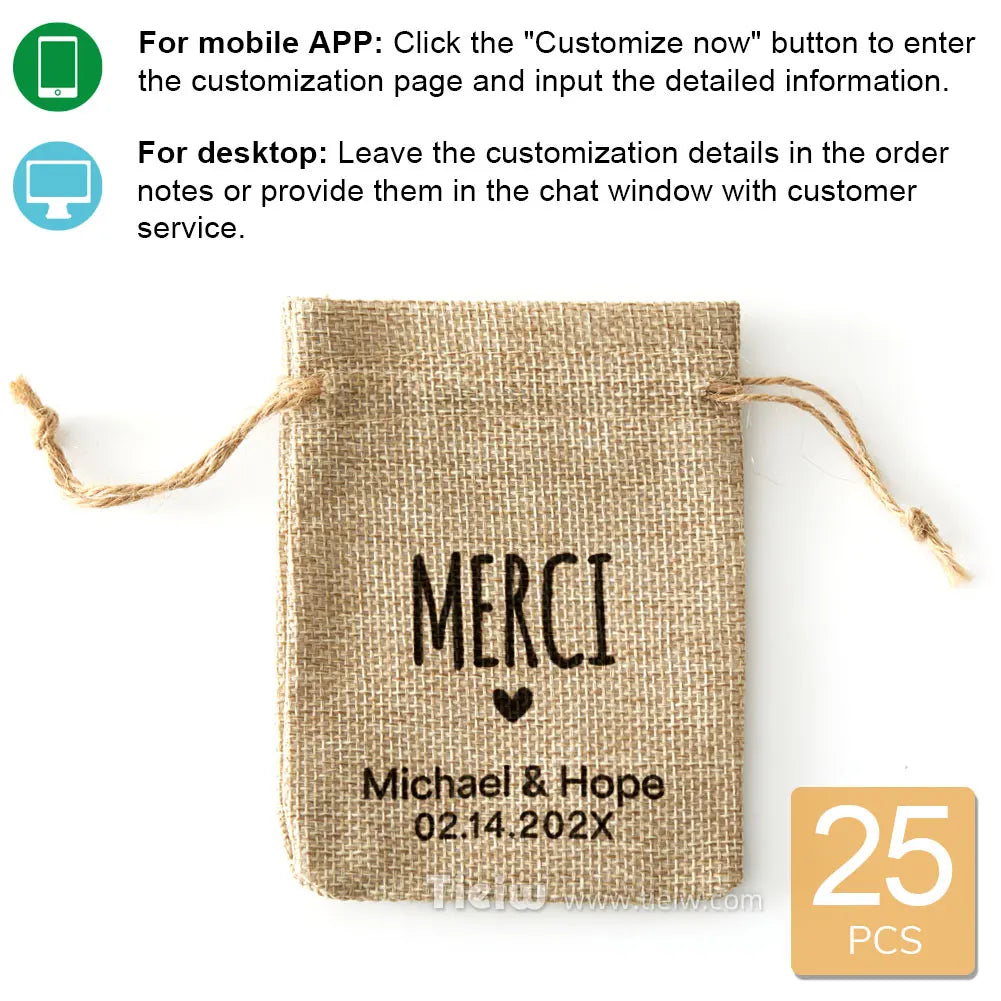 Rustic burlap bag with “Merci” design, wedding favor gift pouch.