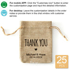 Burlap wedding favor bag with “Thank You” print, rustic design.