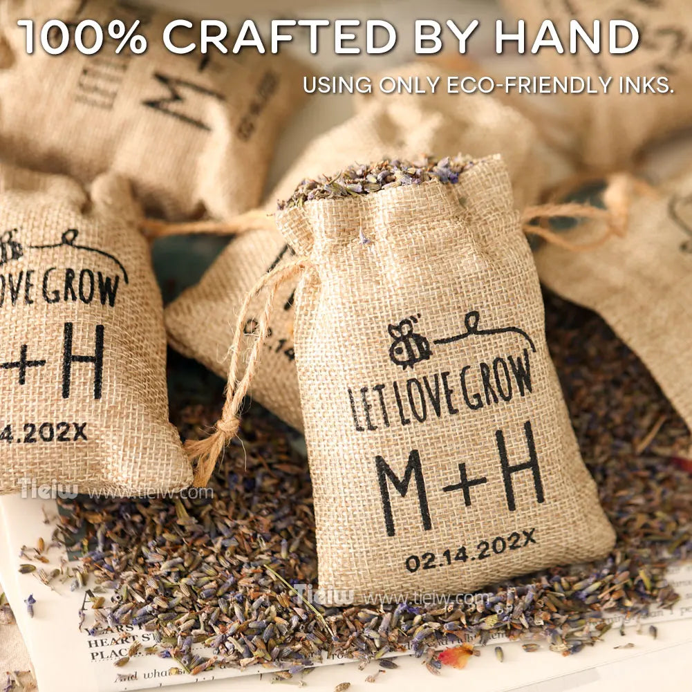 Rustic burlap seed favor bag with initials M+H, eco-friendly wedding pouch.