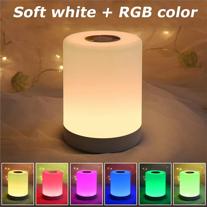 Soft white plus RGB color LED bedside lamp with dimmable setting.