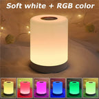 Soft white plus RGB color LED bedside lamp with dimmable setting.