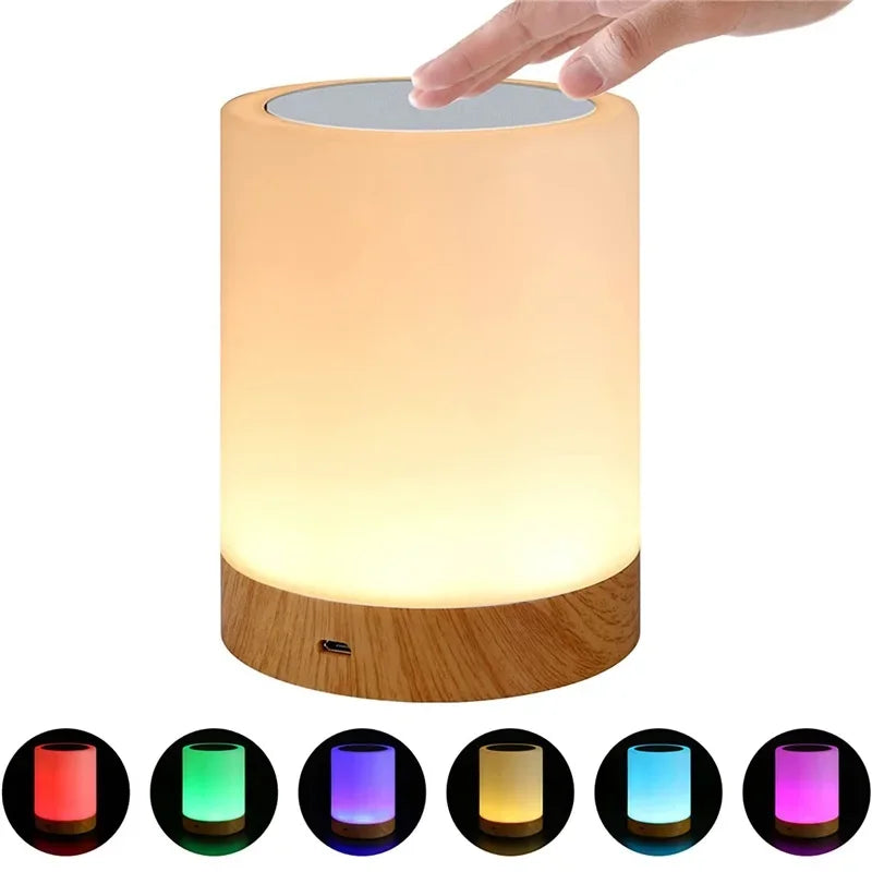 Touch control RGB night light with wooden base and dimmable colors.