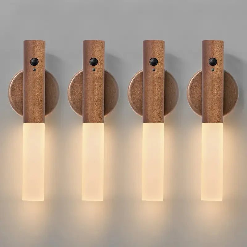 Wooden wall night light with LED warm light, minimalist bedside lamp